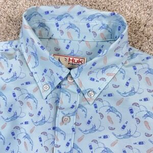 Huk Fishing Shirt Mens Medium Blue Shrimp Boil Print Short Sleeve Button Down